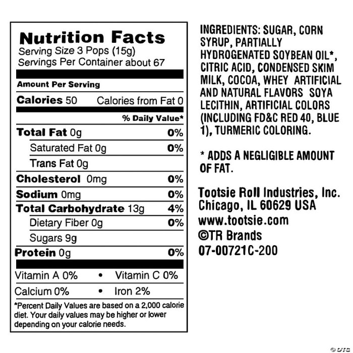 Nutrition facts of a tootsie pop